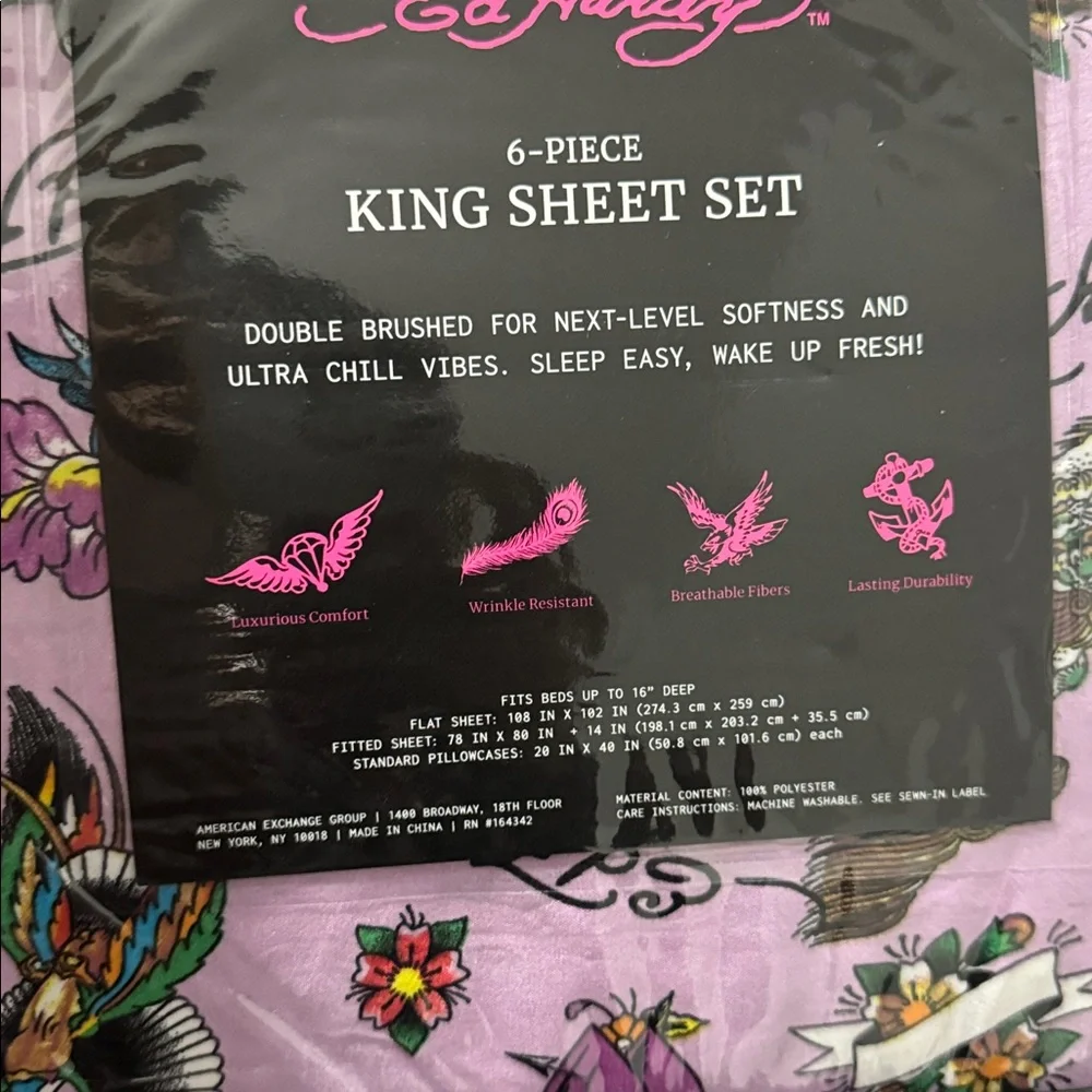 Ed Hardy Purple/Lilac King Sheet Set, Birds,Tigers,Flowers Tattoo Illustrations - Picture 6 of 10